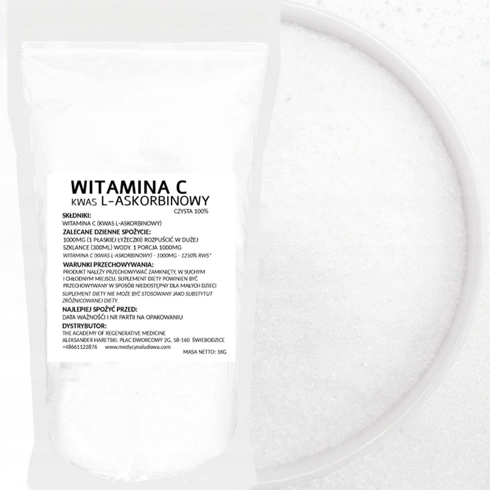 WITAMINA C, KWAS L-ASKORBINOWY 1kg, CZYSTA 100%