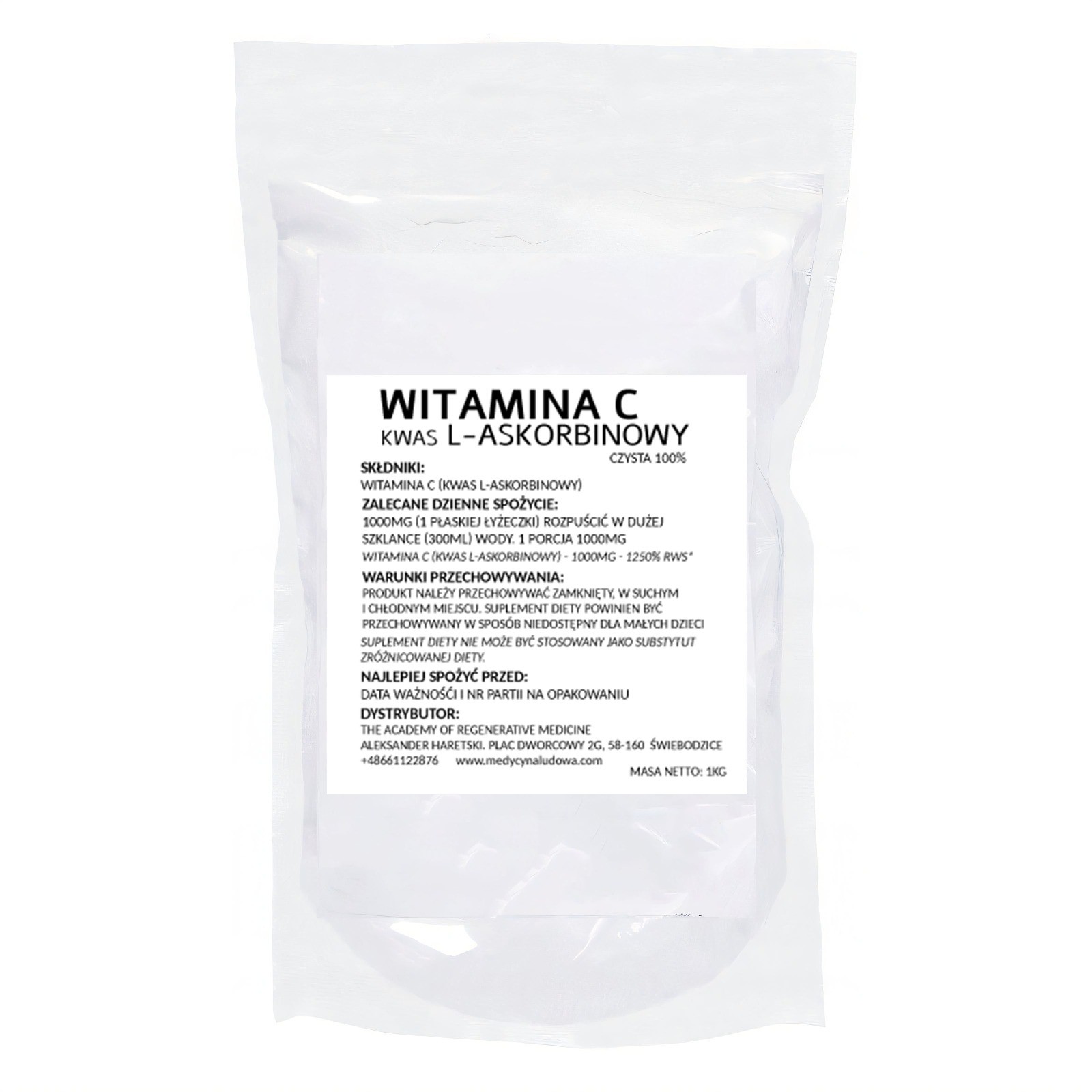 WITAMINA C, KWAS L-ASKORBINOWY 1kg, CZYSTA 100%